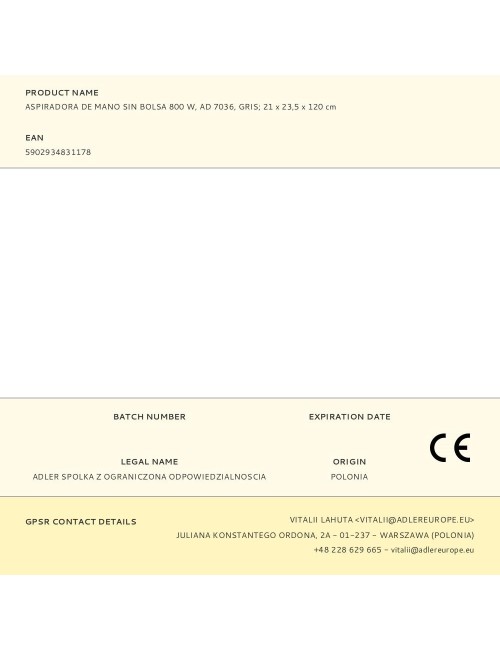 Aspiradora escoba ad 7036 con cable, sin bolsa, 800 w