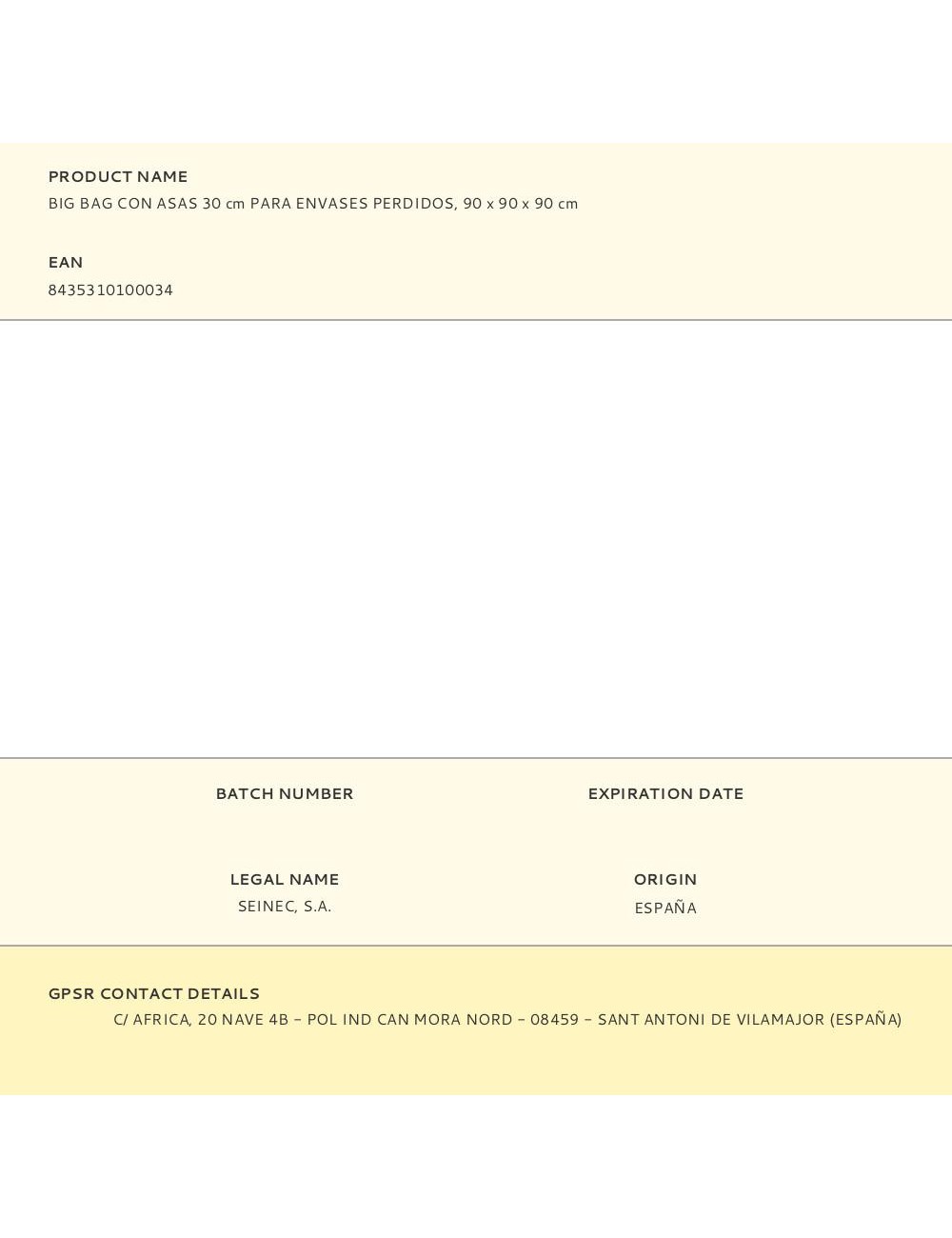 Big bag con asas 30 cm para envases perdidos, 90 x 90 x 90 cm