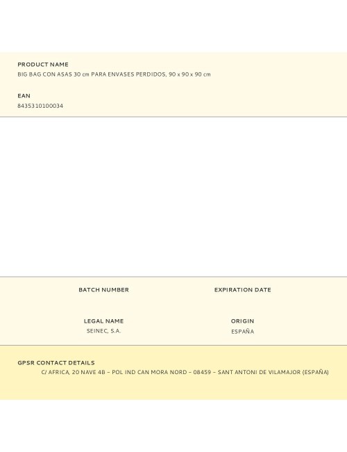 Big bag con asas 30 cm para envases perdidos, 90 x 90 x 90 cm