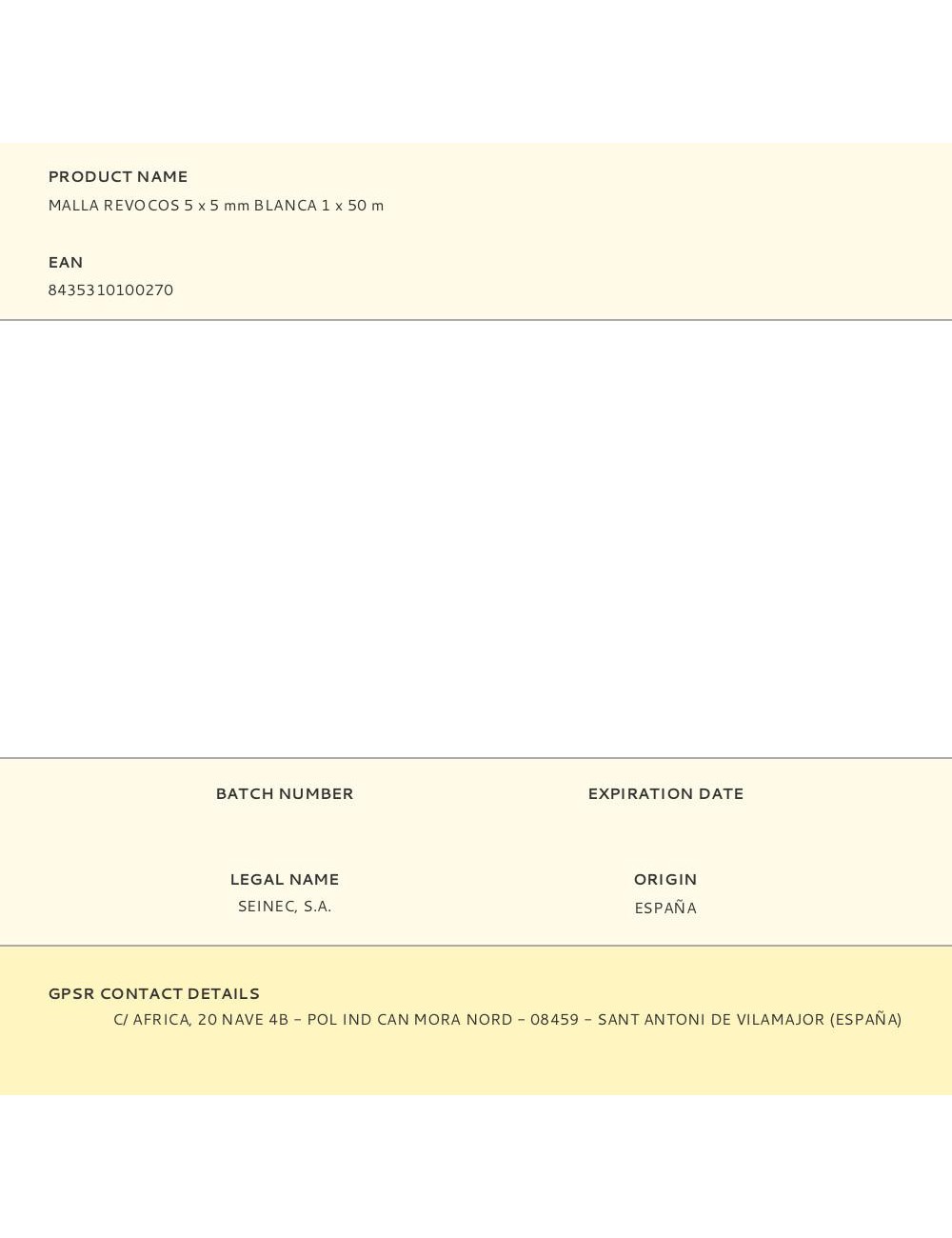 Malla revoco yeso 5 x 5 mm, blanca, 1 x 50 m