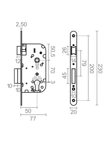 Cerradura embutir c/r cre05 50/70 mm latonado