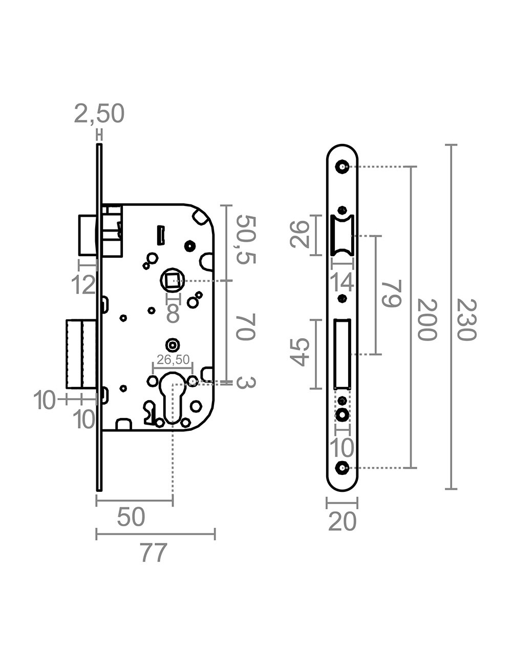 Cerradura embutir c/r cre05 50/70 mm níquel satinado
