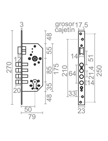 Cerradura embutir c/c cre13 50/85 mm latonado