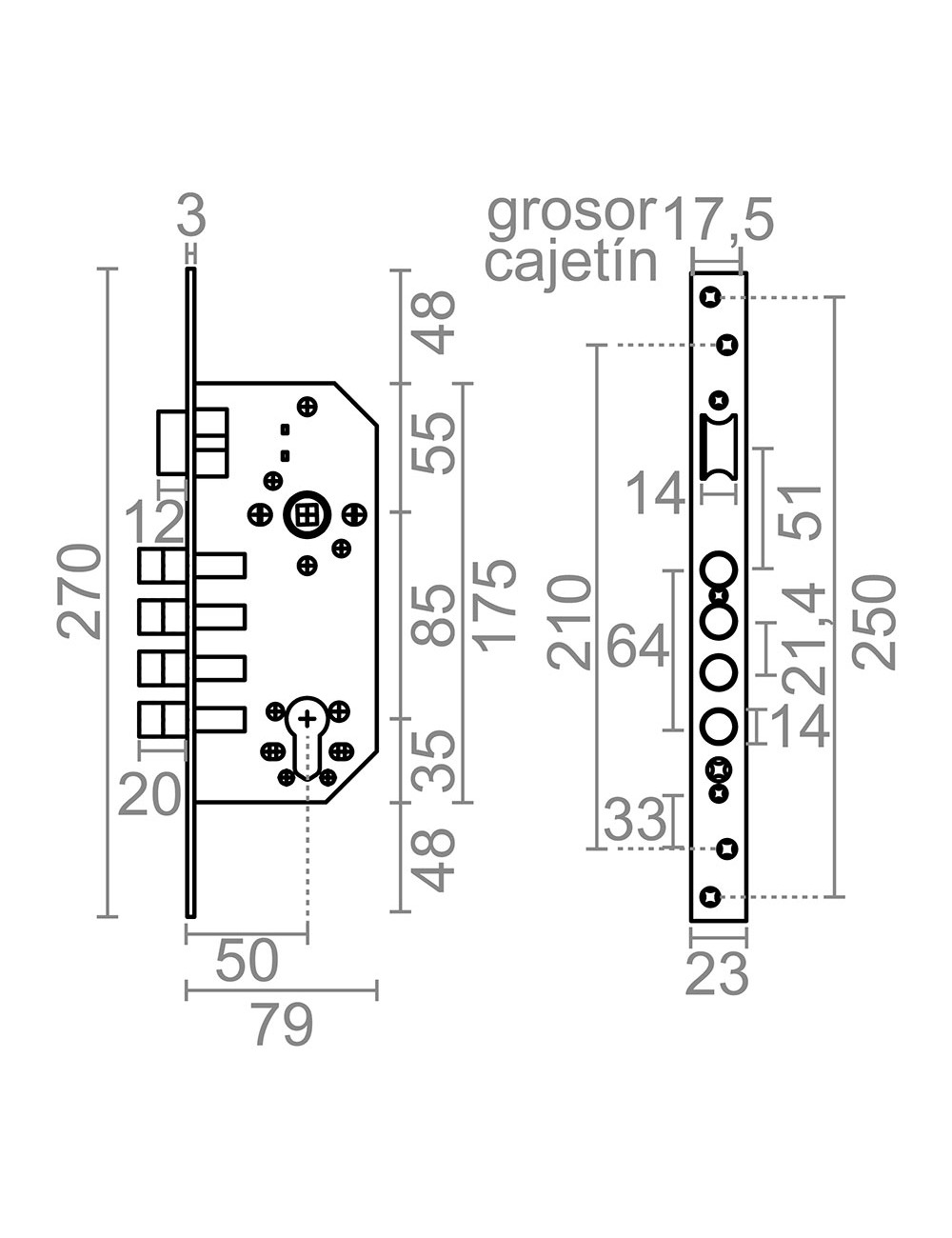 Cerradura embutir c/c cre13 50/85 mm latonado
