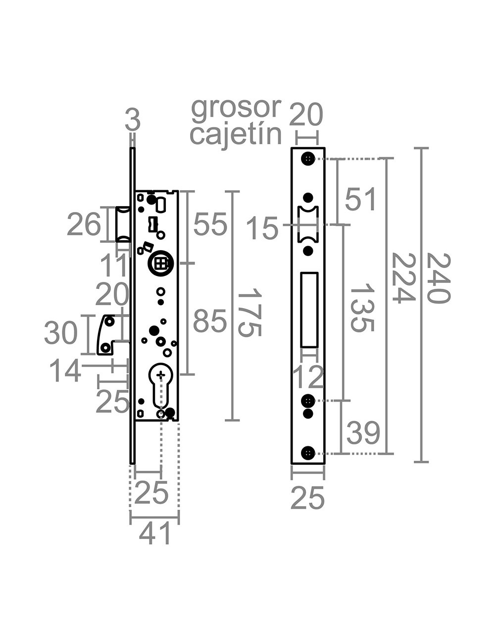 Cerradura embutir c/c cre10 25/85 mm inox