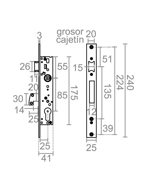 Cerradura embutir c/c cre10 25/85 mm inox