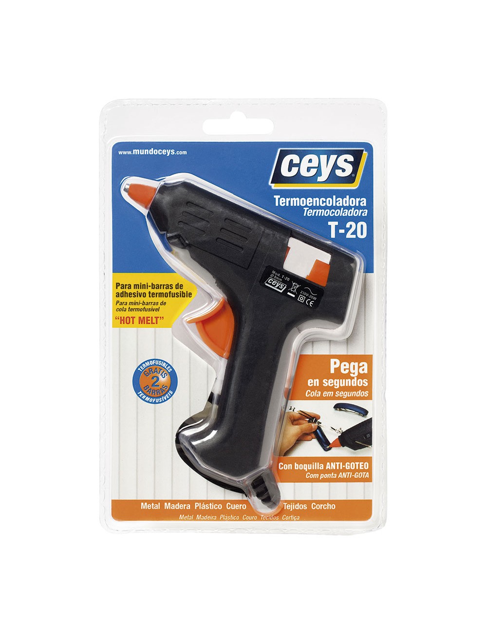 Pistola termofusible mini t-20, para barras de ø8 mm