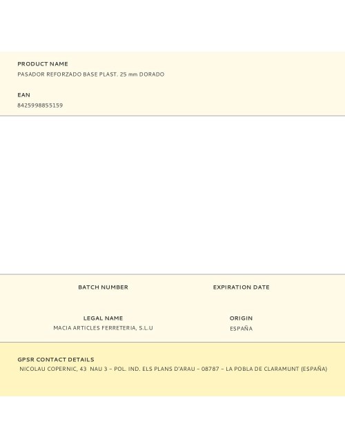 Pasador reforzado base plástica 25 mm dorado