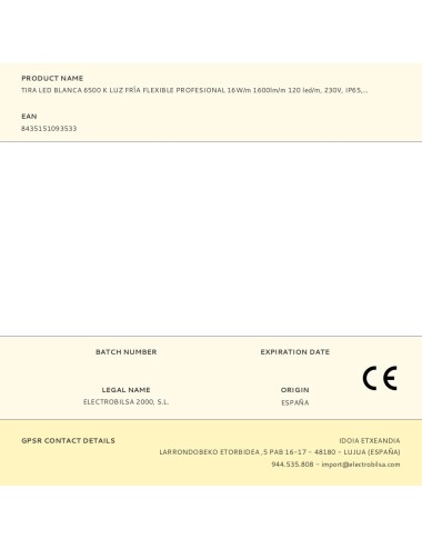 Tira led blanca 6500 k luz fría flexible profesional 16 w/m 1600 lm/m 120 led/m, 230 v, ip65, rollo 50 m x 10 x 2,5 mm