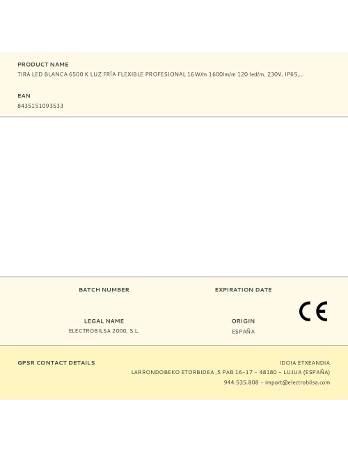 Tira led blanca 6500 k luz fría flexible profesional 16 w/m 1600 lm/m 120 led/m, 230 v, ip65, rollo 50 m x 10 x 2,5 mm