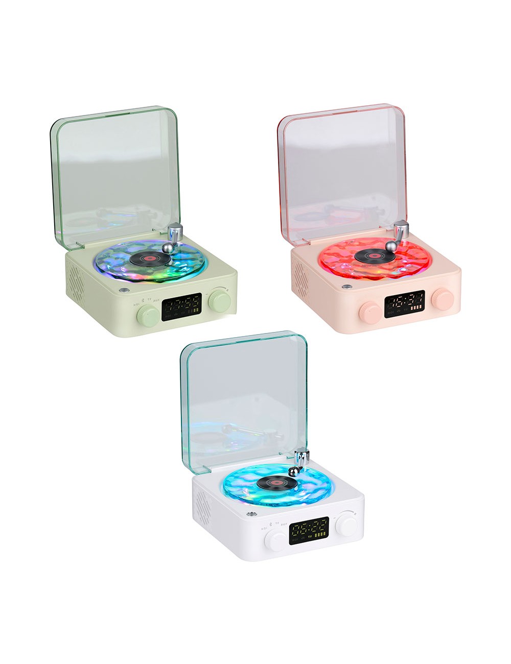 Altavoz bluetooth en forma de tocadiscos, con reloj, ruido blanco y luz rgb, colores surtidos