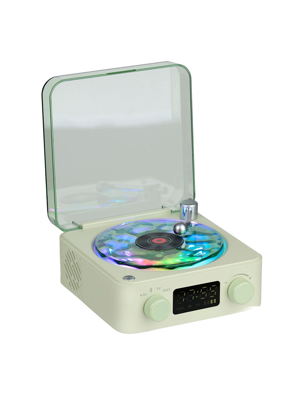 Altavoz bluetooth en forma de tocadiscos, con reloj, ruido blanco y luz rgb, colores surtidos