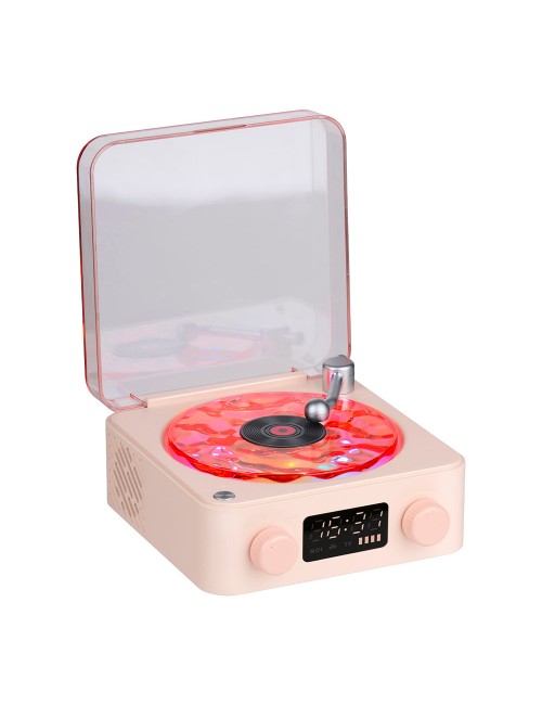 Altavoz bluetooth en forma de tocadiscos, con reloj, ruido blanco y luz rgb, colores surtidos