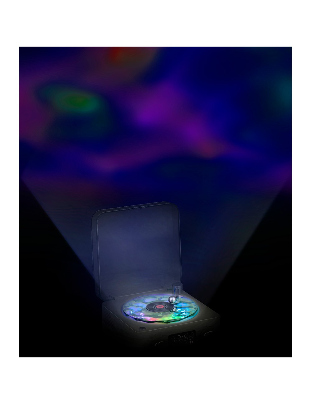 Altavoz bluetooth en forma de tocadiscos, con reloj, ruido blanco y luz rgb, colores surtidos