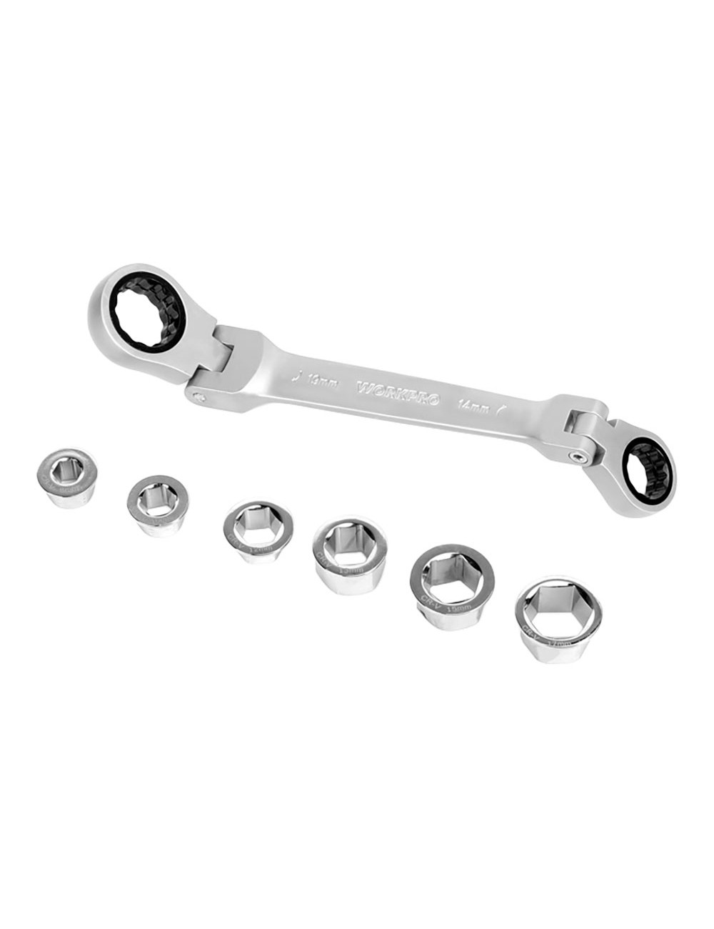 Llave de estrella cr-v doble con carraca articulada, 6 bocas intercambiables, 14 x 19 mm, 7 piezas
