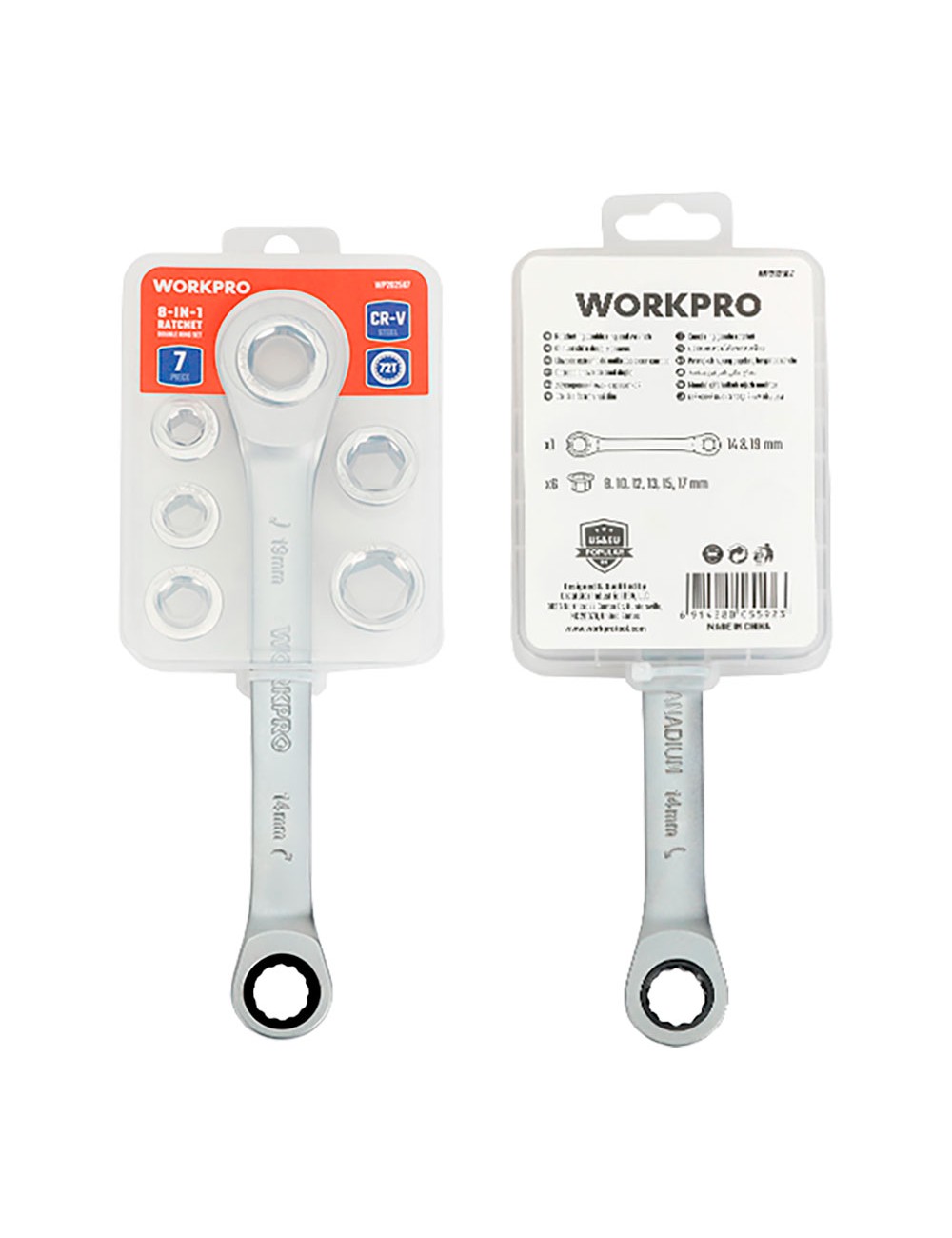 Llave de estrella cr-v doble con carraca, 6 bocas intercambiables, 14 x 19 mm, 7 piezas