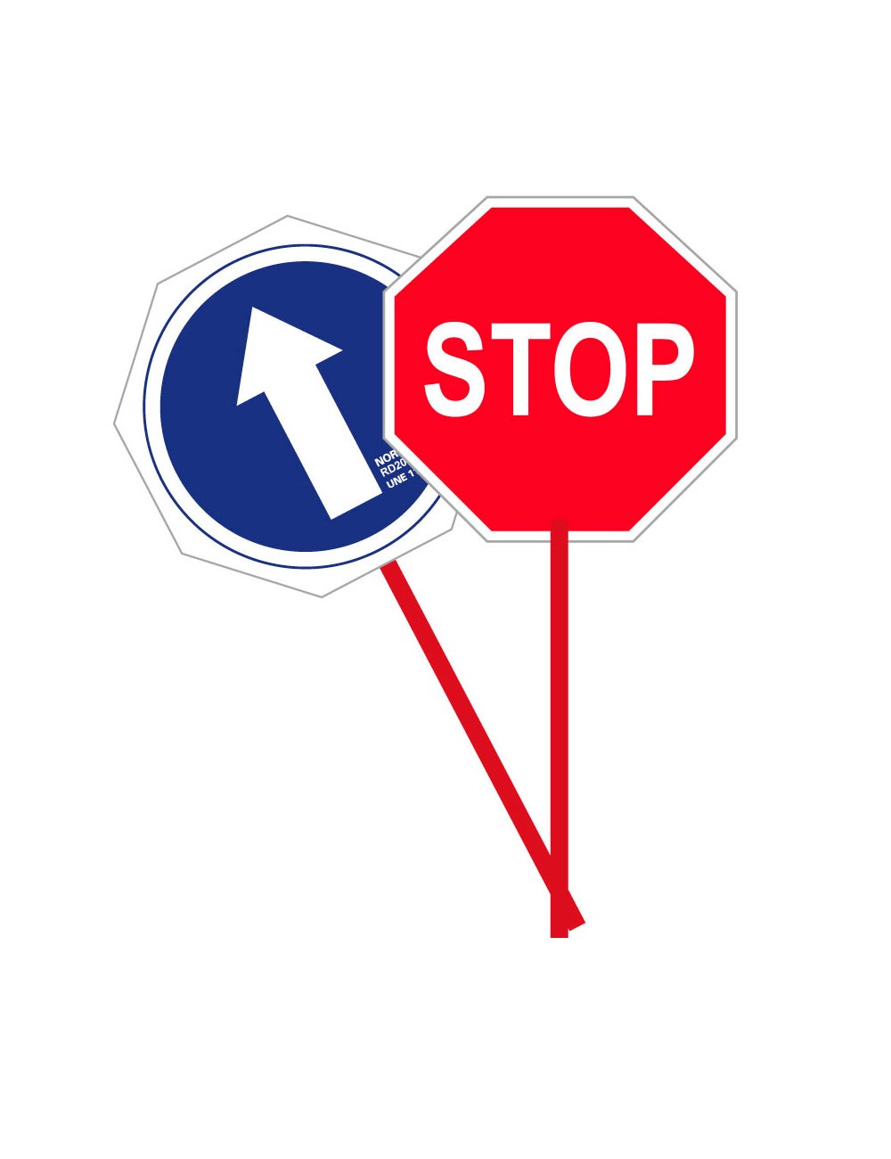 Paleta manual de señalización a dos caras con stop y sentido obligatorio, pvc 2 mm, ø 30 cm