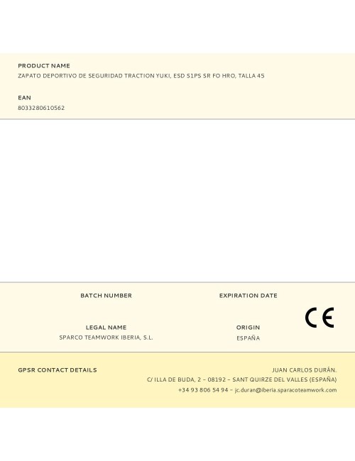 Zapato deportivo de seguridad traction yuki, esd s1ps sr fo hro, talla 45