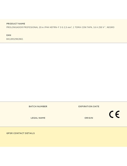 Prolongador profesional 20 m, ip44, h07rn-f 3 g 2,5 mm, 1 toma con tapa, 16 a 250 v~, negro