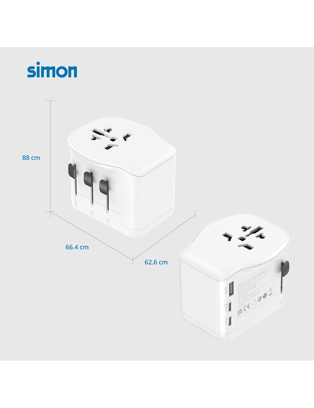 Adaptador viaje universal + 3 usb (1a+2c) 65 w