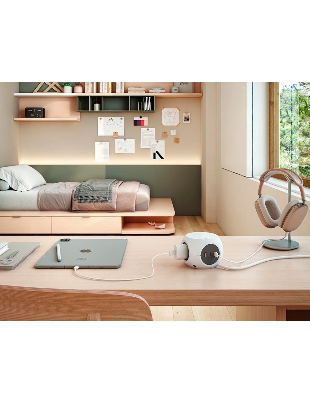 Base múltiple combiball con 3 tomas schuko 16 a + 1 usb a + 2 usb c, 30 w, blanca