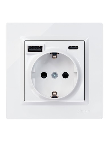 Base enchufe schuko + usb a + c 10,5 w 16 a 250 v~, simon 10, blanco
