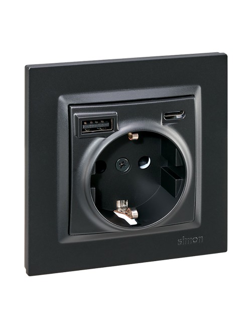 Base enchufe schuko + usb a + c 10,5 w 16 a 250 v~, simon 10, negro