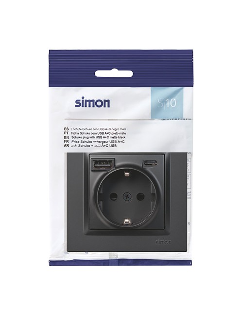 Base enchufe schuko + usb a + c 10,5 w 16 a 250 v~, simon 10, negro