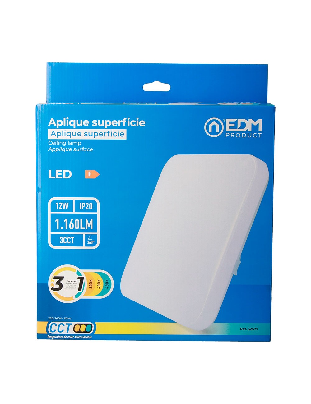 Aplique led cuadrado extraplano de superficie 12 w 3cct 1160 lm 28,5 x 28,5 x 6 cm