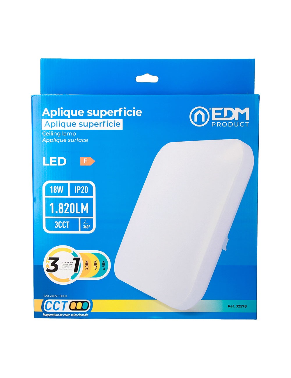 Aplique led cuadrado extraplano de superficie 18 w 3cct 1820 lm 33 x 33 x 7 cm