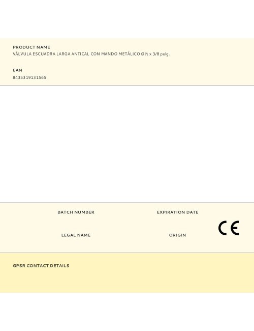 Válvula escuadra larga antical con mando metálico ø½ x 3/8 pulg.