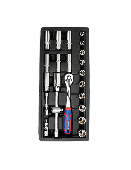 Juego carraca y vasos 3/8 pulg, 23 piezas, (métrico)