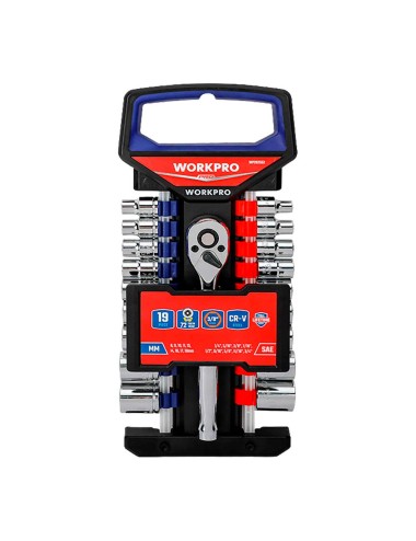 Juego de carraca y vasos 3/8 pulg, 19 piezas, (métrico-sae)