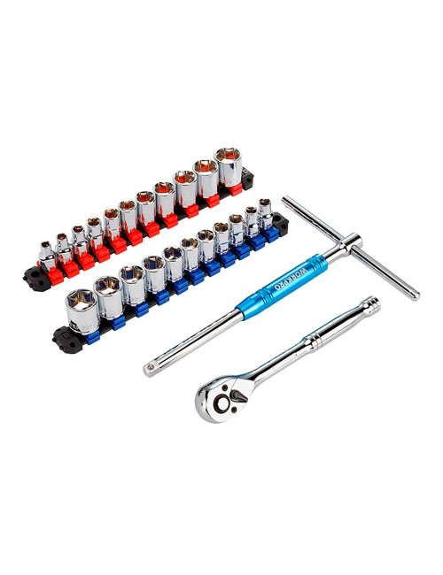 Juego de carraca y vasos 3/8 pulg, 24 piezas, (métrico-sae)