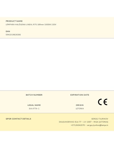 Lámpara halógena lineal r7s, 1000 w, 189 mm