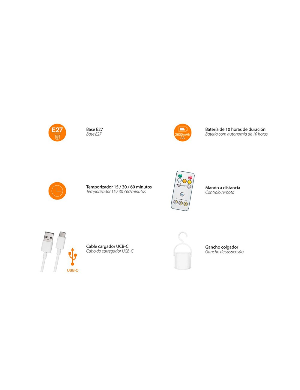 Bombilla led, recargable usb, e27, 6 w, 3cct, dimmable, 500 lm