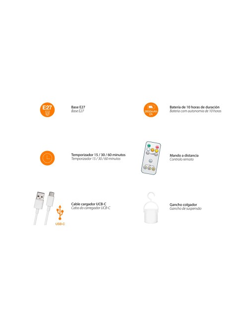 Bombilla led, recargable usb, e27, 6 w, 3cct, dimmable, 500 lm