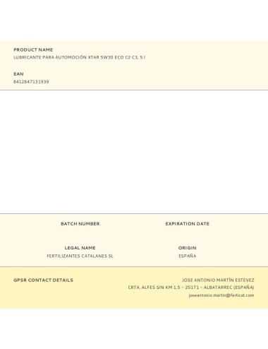 Lubricante para automoción xtar 5w30 eco c2 c3, 5 l