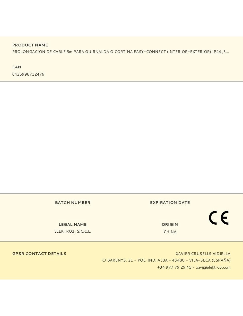 Prolongacion de cable 5m para guirnalda o cortina easy-connect (interior-exterior) ip44 ,30v
