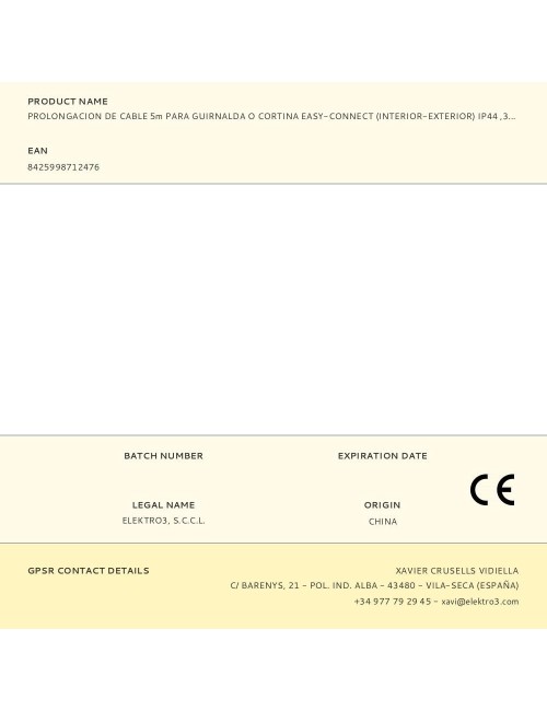 Prolongacion de cable 5m para guirnalda o cortina easy-connect (interior-exterior) ip44 ,30v