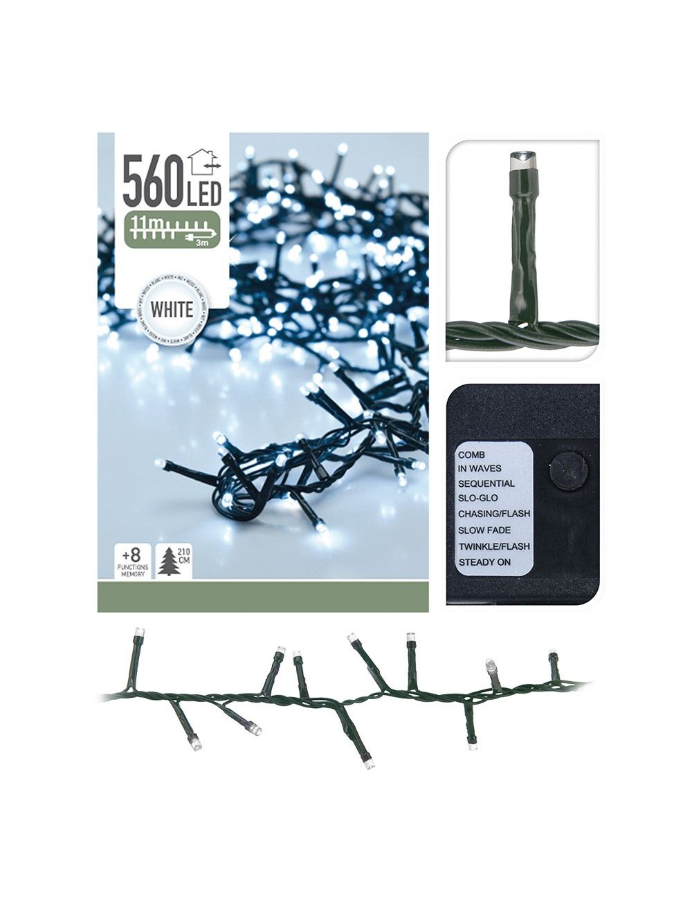 Guirnalda multifunción, uso exterior, tipo espino, luz fría, 560 leds, 11 m