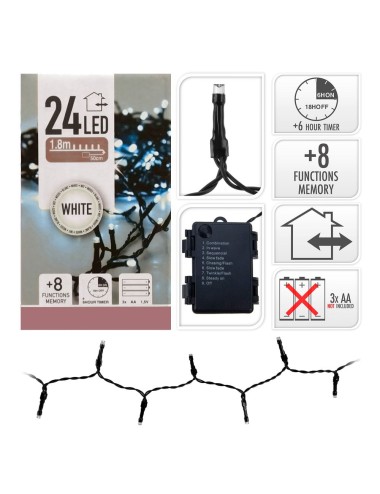 Guirnalda a pilas, multifunción, uso exterior, blanco frío, cable negro, 24 leds, 2,30 m