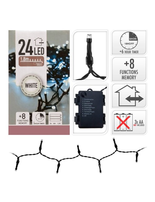 Guirnalda a pilas, multifunción, uso exterior, blanco frío, cable negro, 24 leds, 2,30 m
