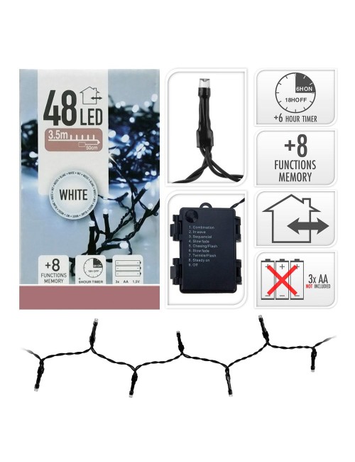 Guirnalda a pilas, multifunción, uso exterior, blanco frío, cable negro, 48 leds, 4 m