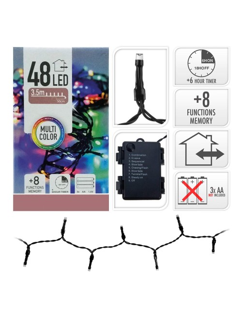 Guirnalda a pilas, multifunción, uso exterior, multicolor, cable negro, 48 leds, 4 m