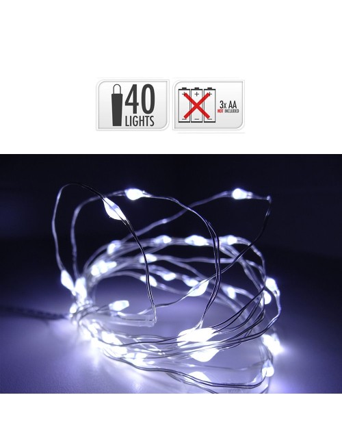 Guirnalda a pilas, función fija, uso interior, blanco frío, cable alambre plateado, 40 leds, 195 cm