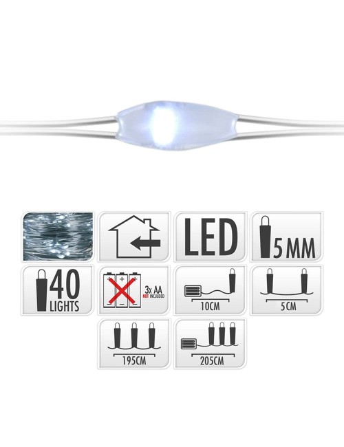 Guirnalda a pilas, función fija, uso interior, blanco frío, cable alambre plateado, 40 leds, 195 cm