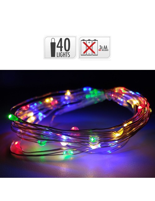 Guirnalda a pilas, función fija, uso interior, multicolor, cable alambre plateado, 40 leds, 195 cm