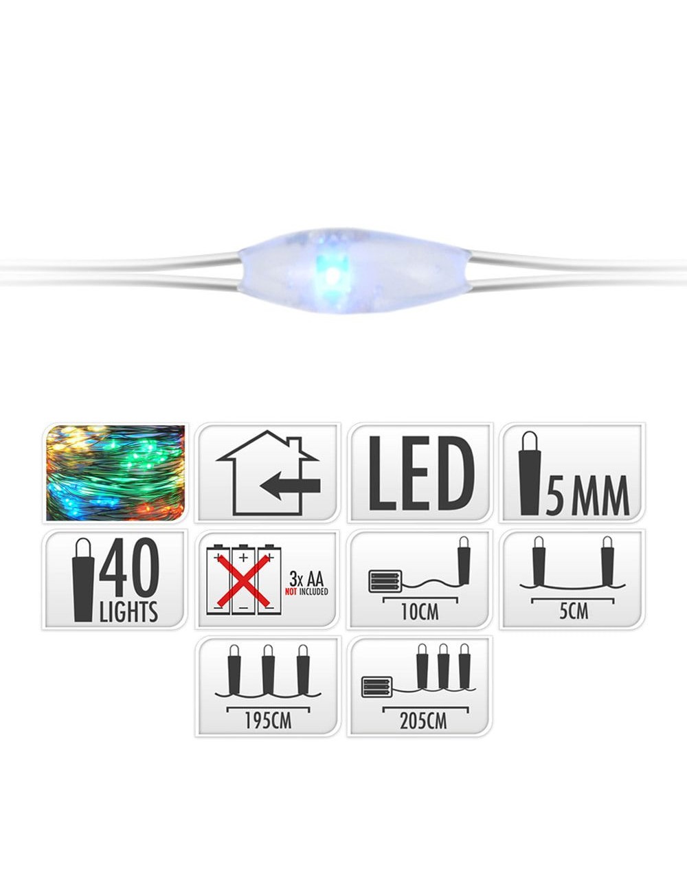 Guirnalda a pilas, función fija, uso interior, multicolor, cable alambre plateado, 40 leds, 195 cm
