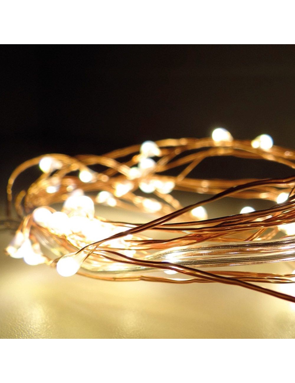 Guirnalda a pilas, función fija, uso interior, blanco cálido, cable alambre cobre, 40 leds, 195 cm